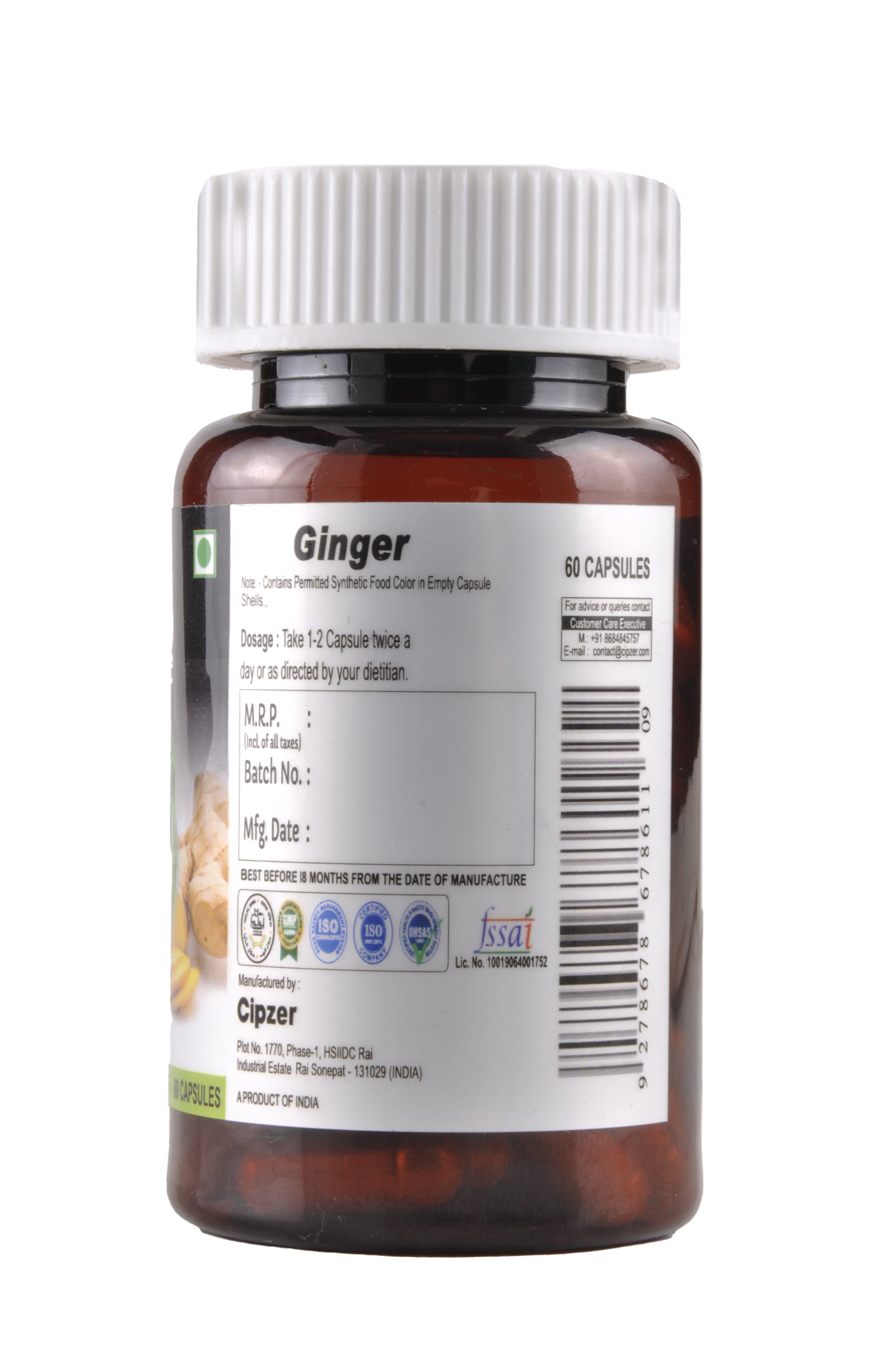 Cipzer Ginger Capsule | Cipzer l Ginger Capsules controlss cholesterol levels, supports the immune system and supports cardiovascular health-(Pack of 1)60 Capsules image