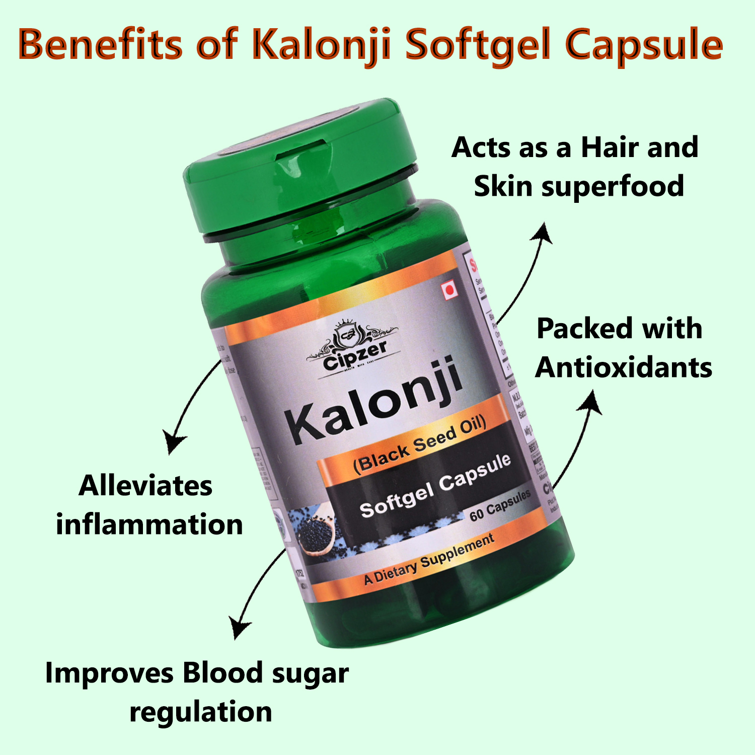 Cipzer Kalonji Softgel Capsule|Improves Blood sugar regulation|Lowers cholesterol-(Pack of 1 )60 Capsules image