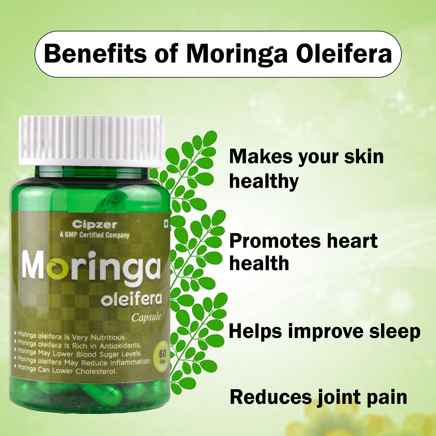 Cipzer Moringa Oleifera Capsule|Helps improve sleep|Promotes heart health(Pack of 1)-60 Capsules image