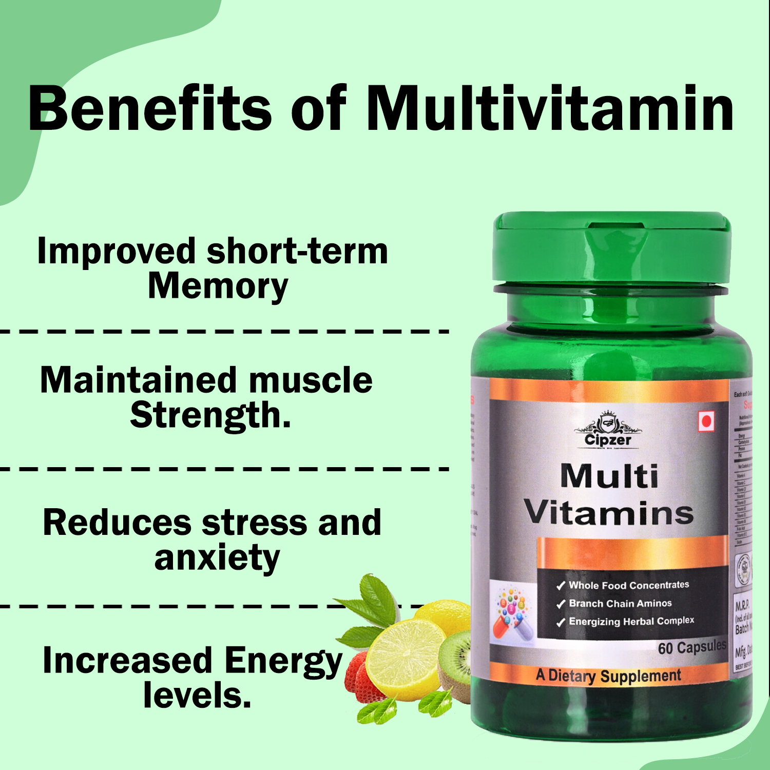 Cipzer Multivitamin Capsule|Provides necessary vitamins and nutrition to the body|Improves the body’s energy and stamina(Pack of 1)-60 capsules image