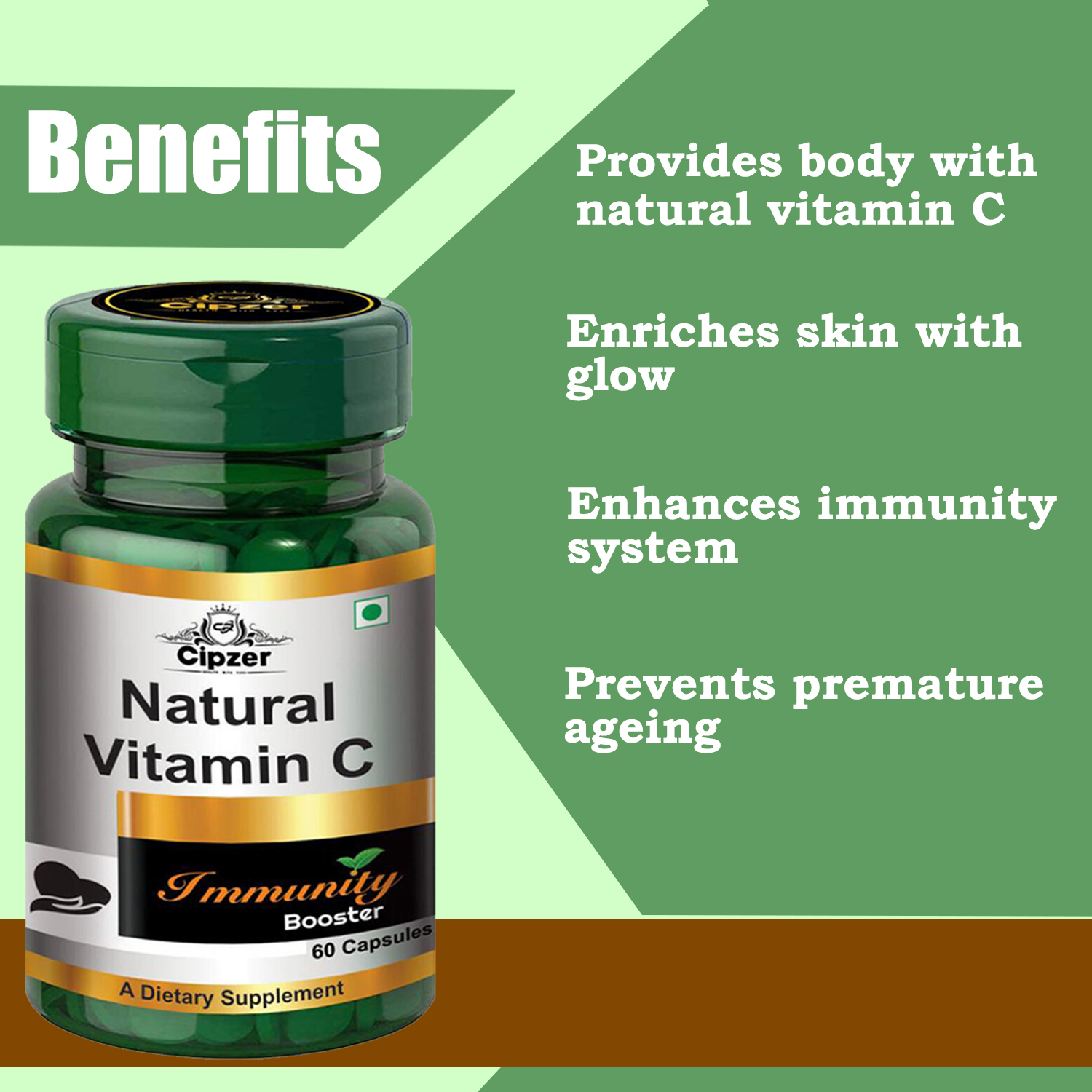 Cipzer Natural Vitamin C Capsule|Provides body with natural vitamin C|Enhances immunity system(Pack of 1)-60 Capsules image