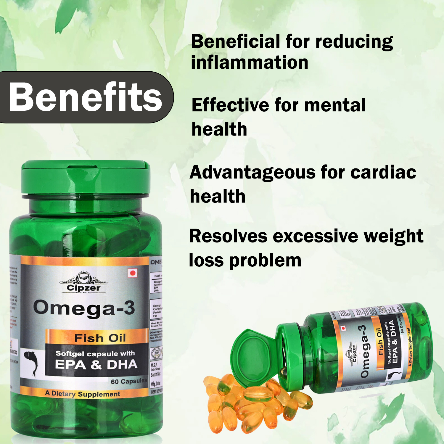 Cipzer Omega 3 Fish Oil Softgel|Resolves excessive weight loss problem|Advantageous for cardiac health(Pack of 1)-60 capsules image