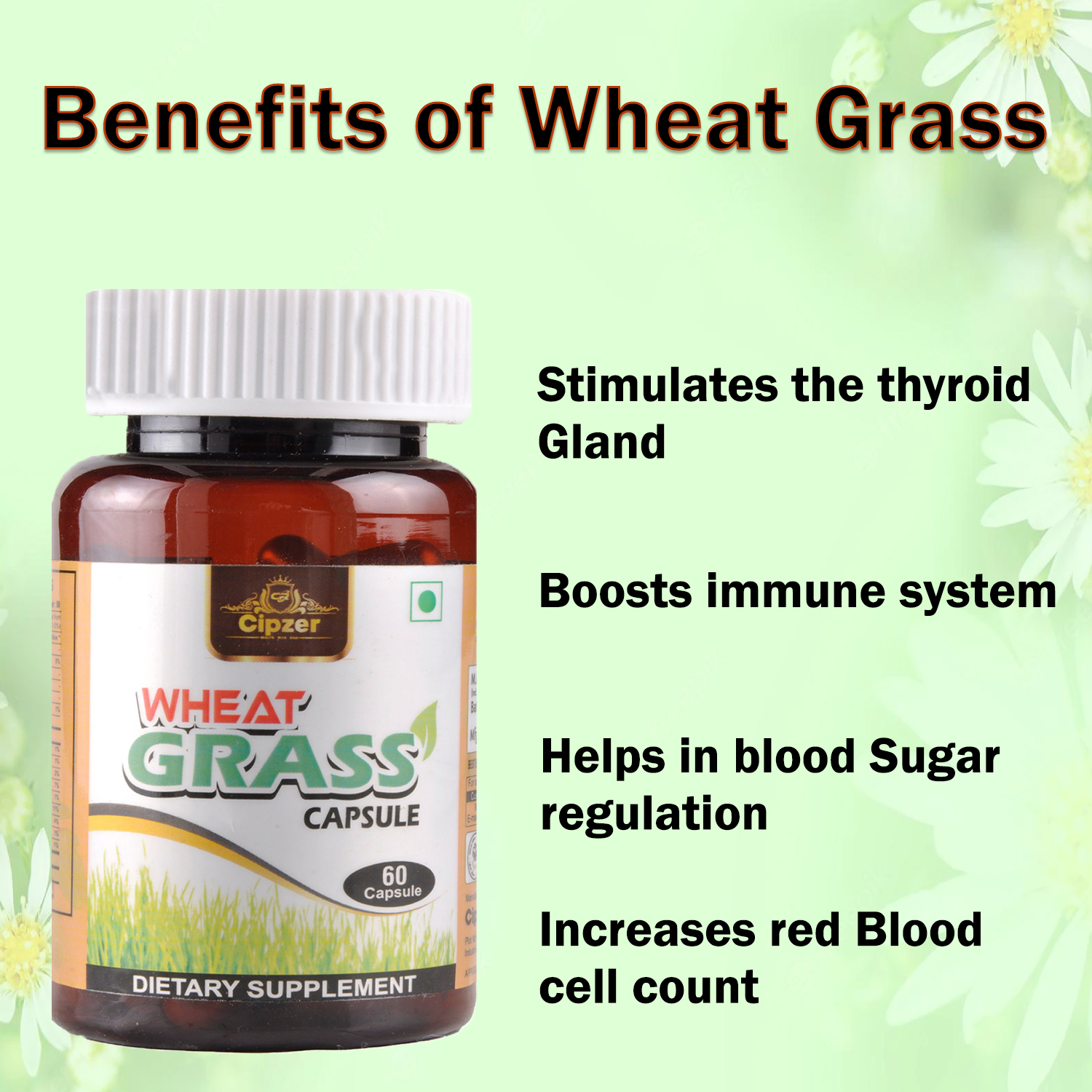 Cipzer Wheat Grass Capsule | Wheatgrass promotes healthy metabolism and is a powerful detoxifier-60 Capsule image