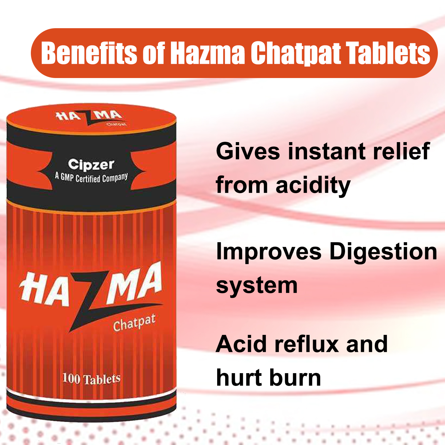 Cipzer Hazma Chatpat Tablets|Beneficial in Gastroesophageal reflux disease (acid reflux and hurtburn)(Pack of 1)-100 Tablets image