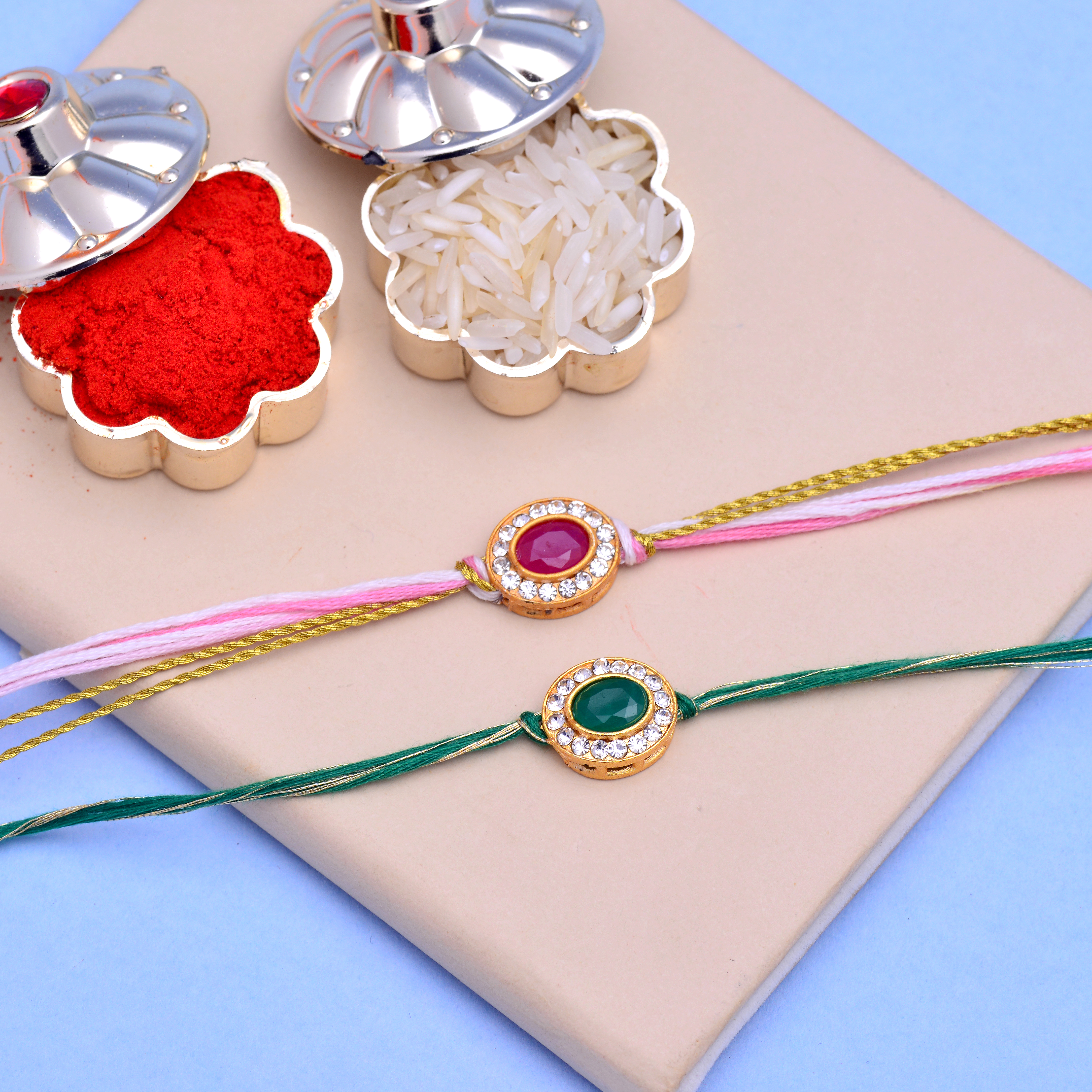 CARATWALA Handmade Designer HANSA HAND RAKHI COMBO with BEAUTIFUL THREADS and ROLI CHAWAL with RAKSHA BANDHAN GREETING CARD image