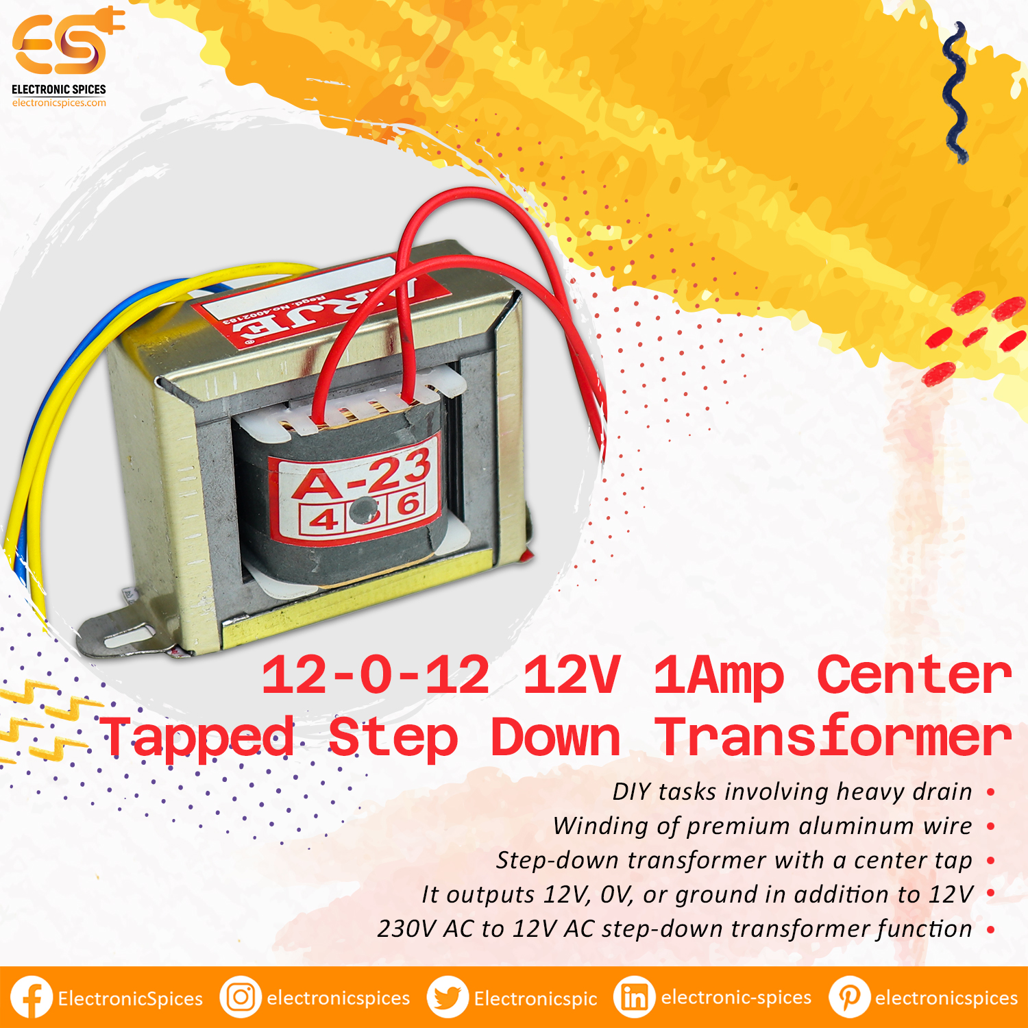  12-0-12 12V 1Amp Center Tapped Step Down Transformer image
