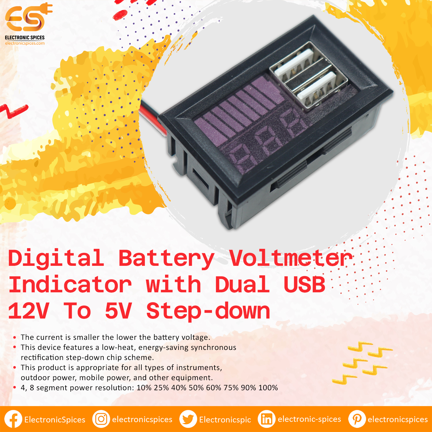 Digital Battery Voltmeter Indicator with Dual USB 12V To 5V Step-down image