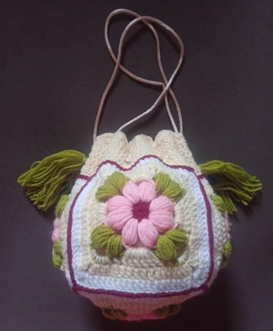 Crochet Woollen Potli Bag (Green Tassel) image