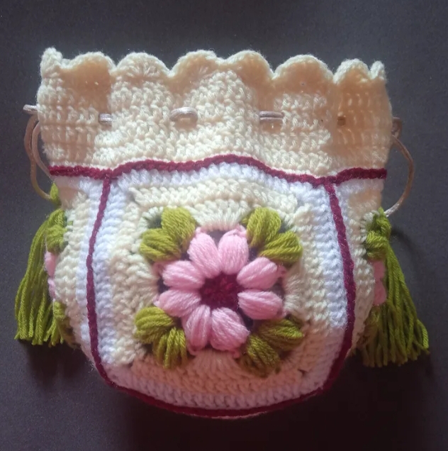 Crochet Woollen Potli Bag (Green Tassel) image