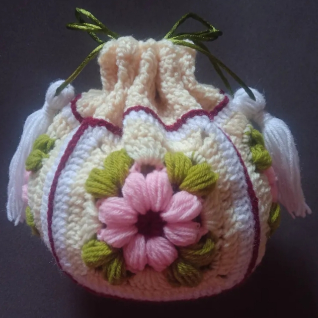 Crochet Woollen Potli Bag (White Tassel) image