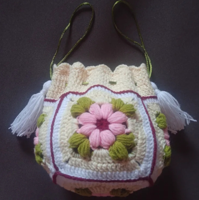Crochet Woollen Potli Bag (White Tassel) image