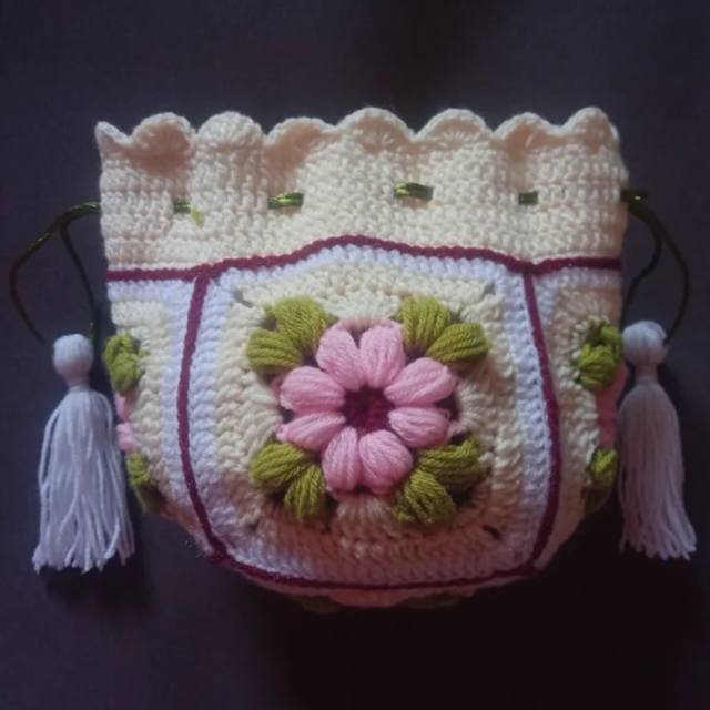 Crochet Woollen Potli Bag (White Tassel) image