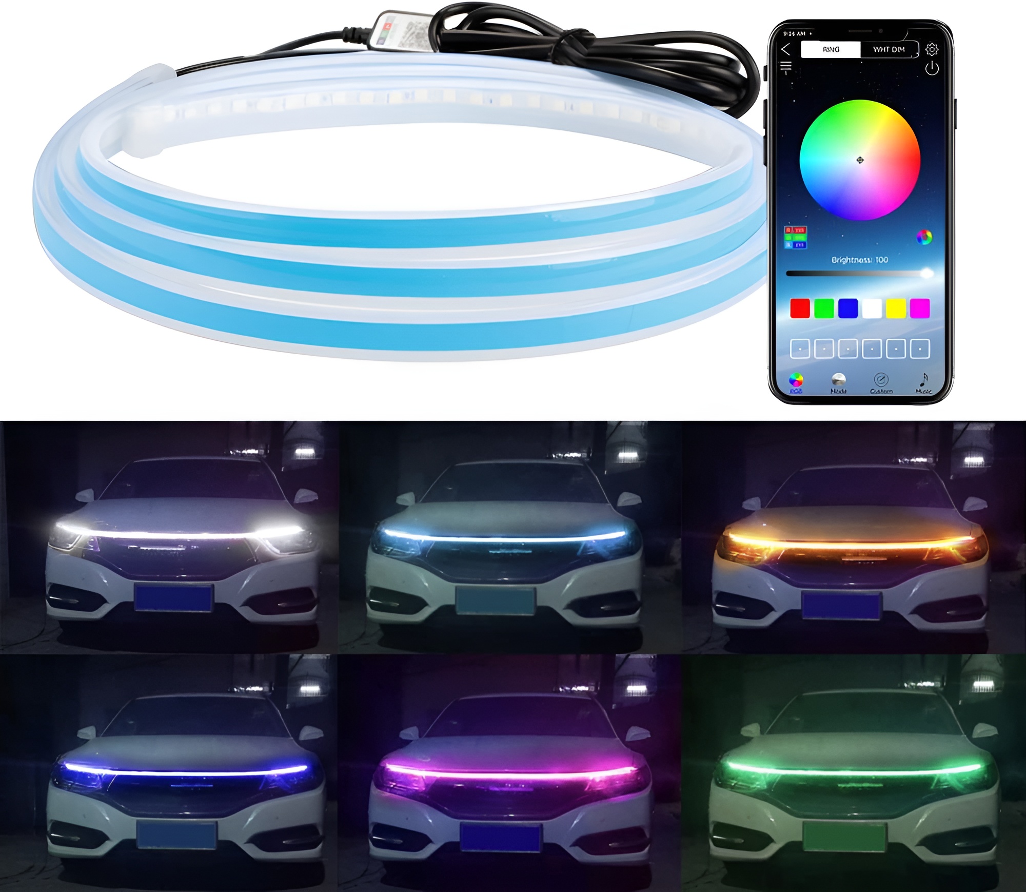 Car LED Strip Light, White Light Flexible LED Strip Lights For Car Hood, 59 Inches Daytime Running Light For Cars image