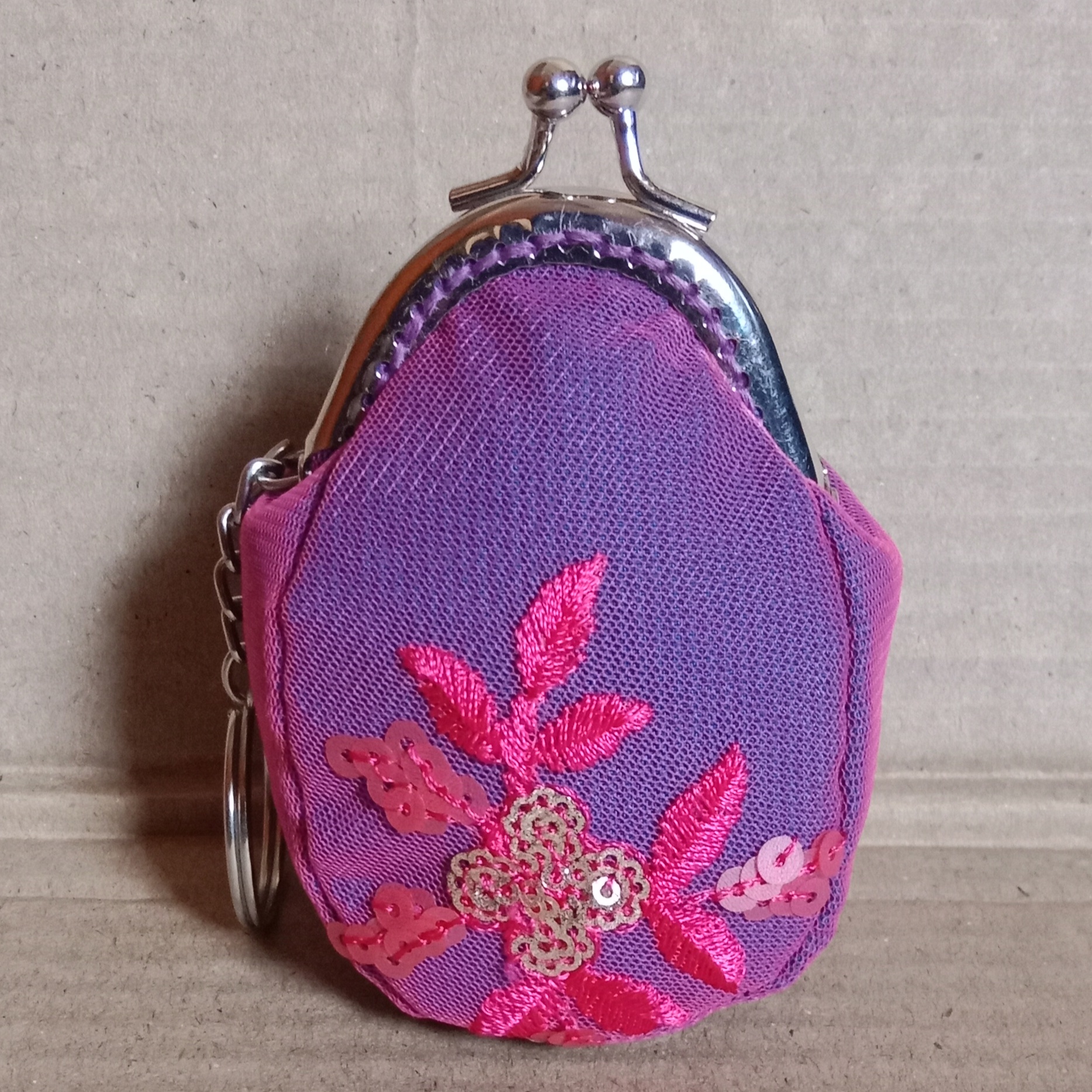 Handmade Embroidered Net Mini Coin Clutch with Keychain image