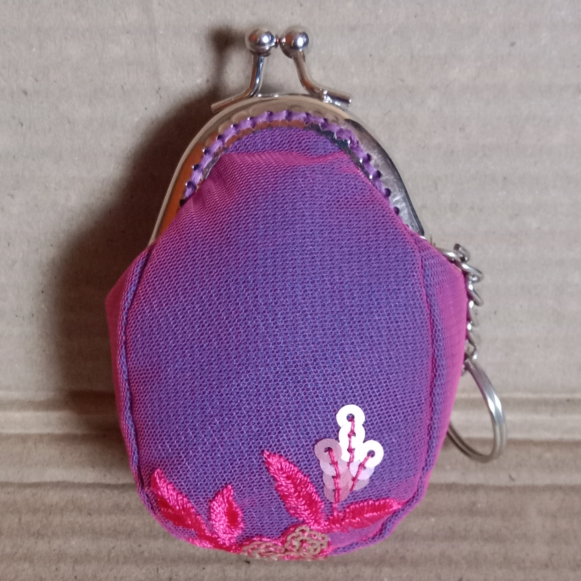 Handmade Embroidered Net Mini Coin Clutch with Keychain image