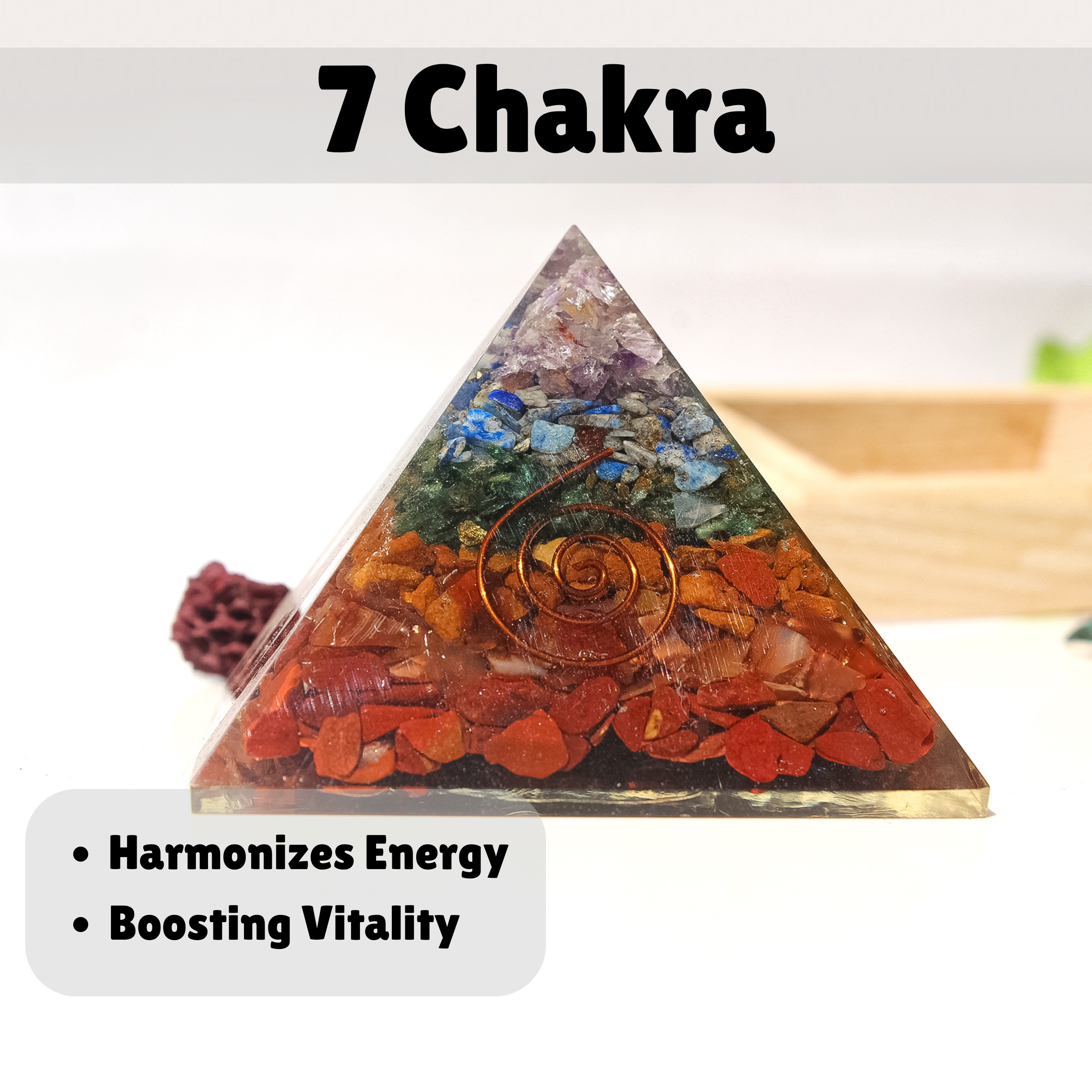 7 Chakra Orgone Crystal 3 Inch Pyramid Handcrafted Resin with Power Symbol for Balance, Healing, and Alignment image