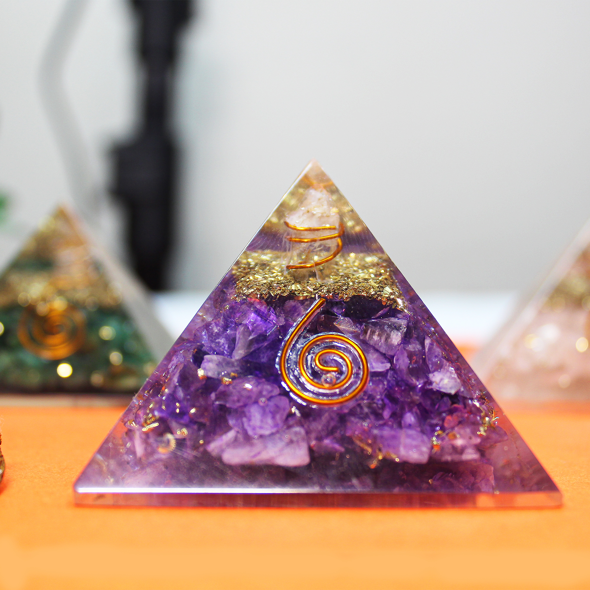 Amethyst Orgone Crystal 3-Inch Pyramid Handcrafted Resin with Power Symbol for Spiritual Awakening, Clarity, and Protection image