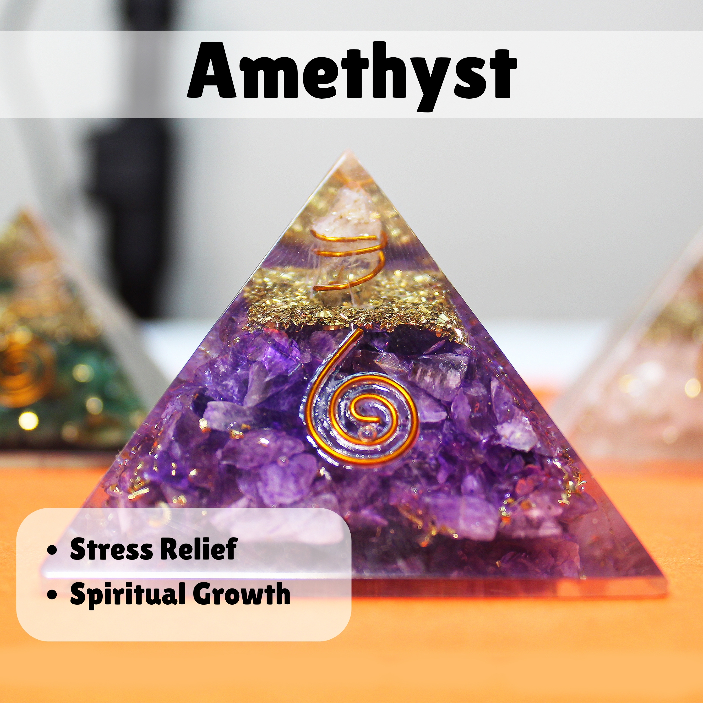 Amethyst Orgone Crystal 3-Inch Pyramid Handcrafted Resin with Power Symbol for Spiritual Awakening, Clarity, and Protection image