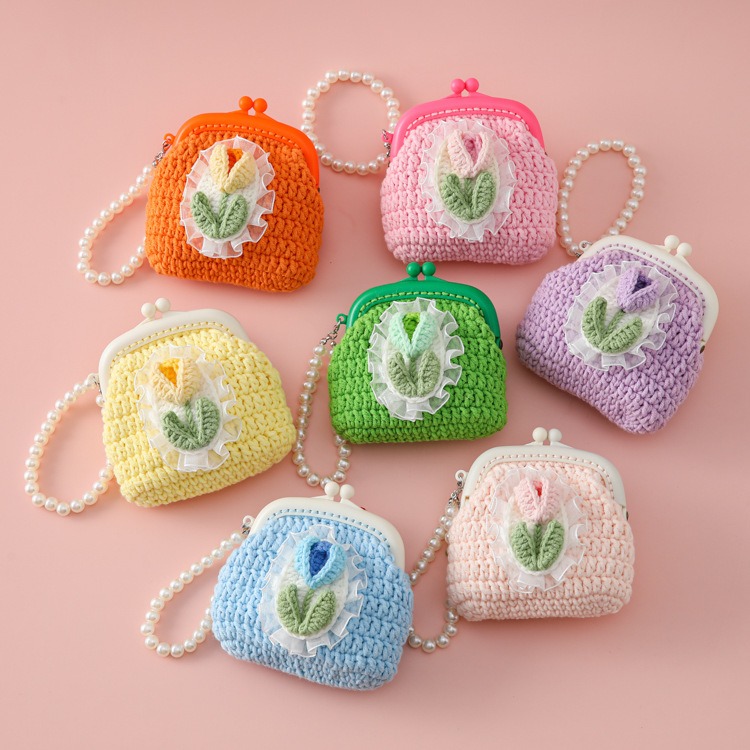 Handmade To Order Crochet Woollen Tulip Lucky Clutch Pouch image