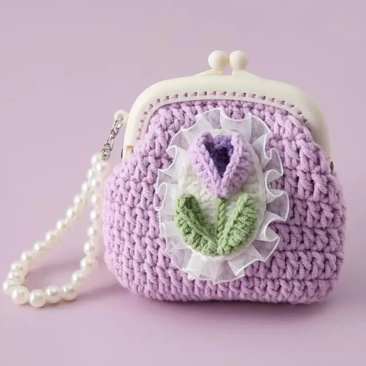 Handmade To Order Crochet Woollen Tulip Lucky Clutch Pouch image