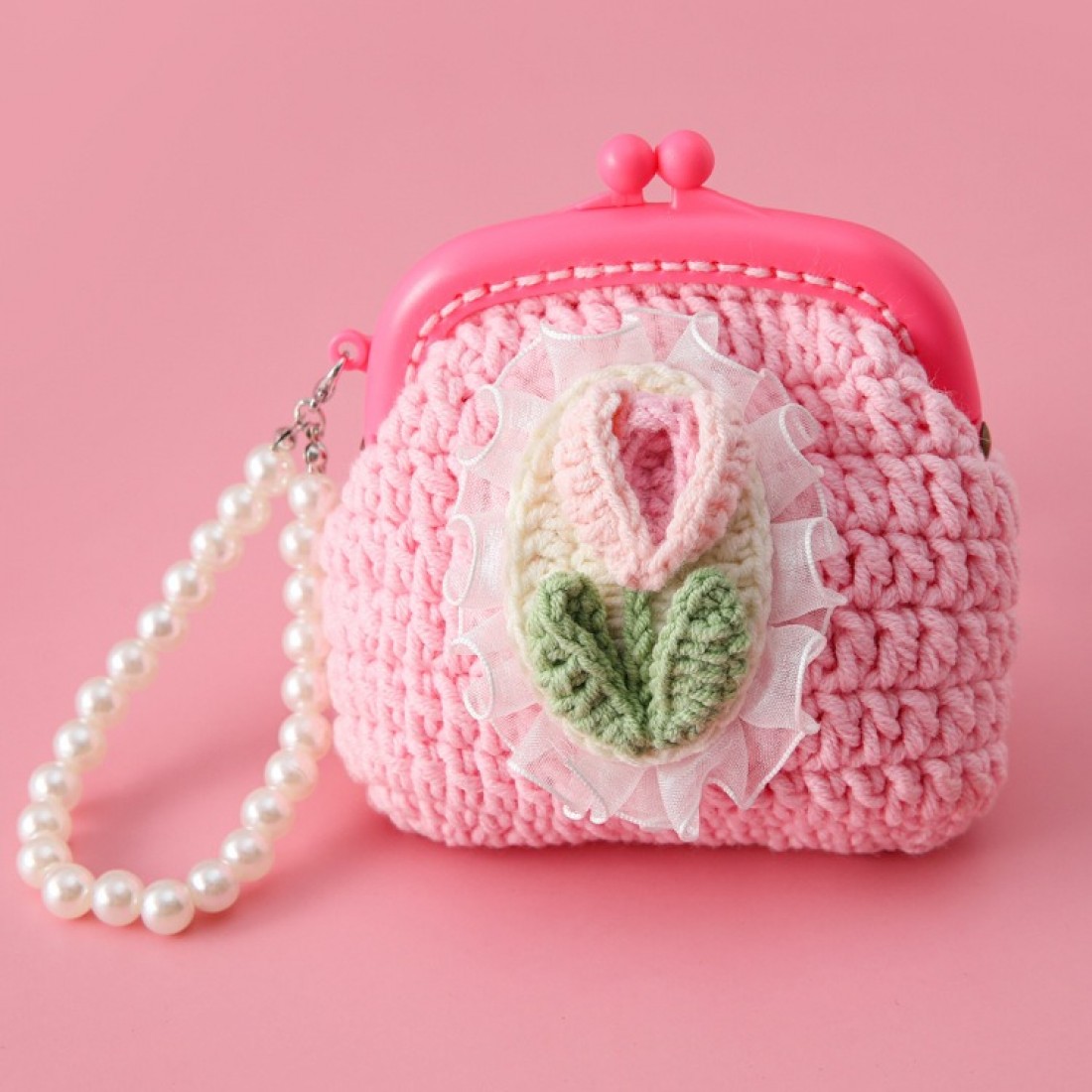 Handmade To Order Crochet Woollen Tulip Lucky Clutch Pouch image