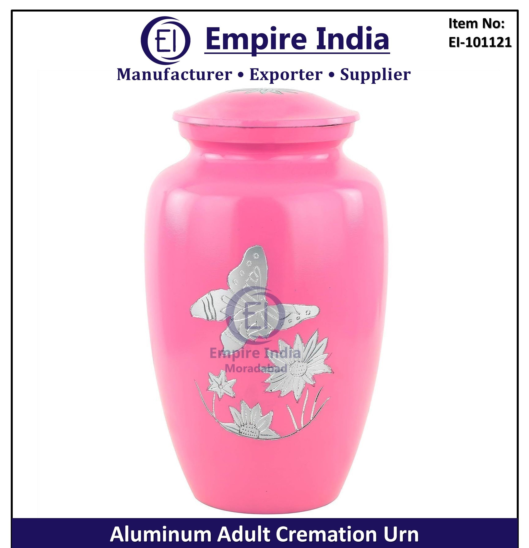 Pink Butterfly & Lotus Engraved Aluminum Adult Cremation Urn Manufacturer, Empire India Moradabad image