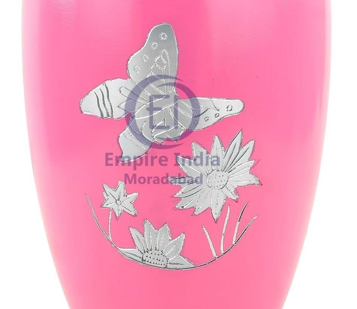 Pink Butterfly & Lotus Engraved Aluminum Adult Cremation Urn Manufacturer, Empire India Moradabad image