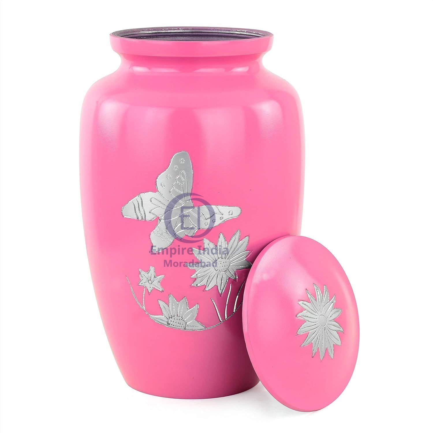 Pink Butterfly & Lotus Engraved Aluminum Adult Cremation Urn Manufacturer, Empire India Moradabad image