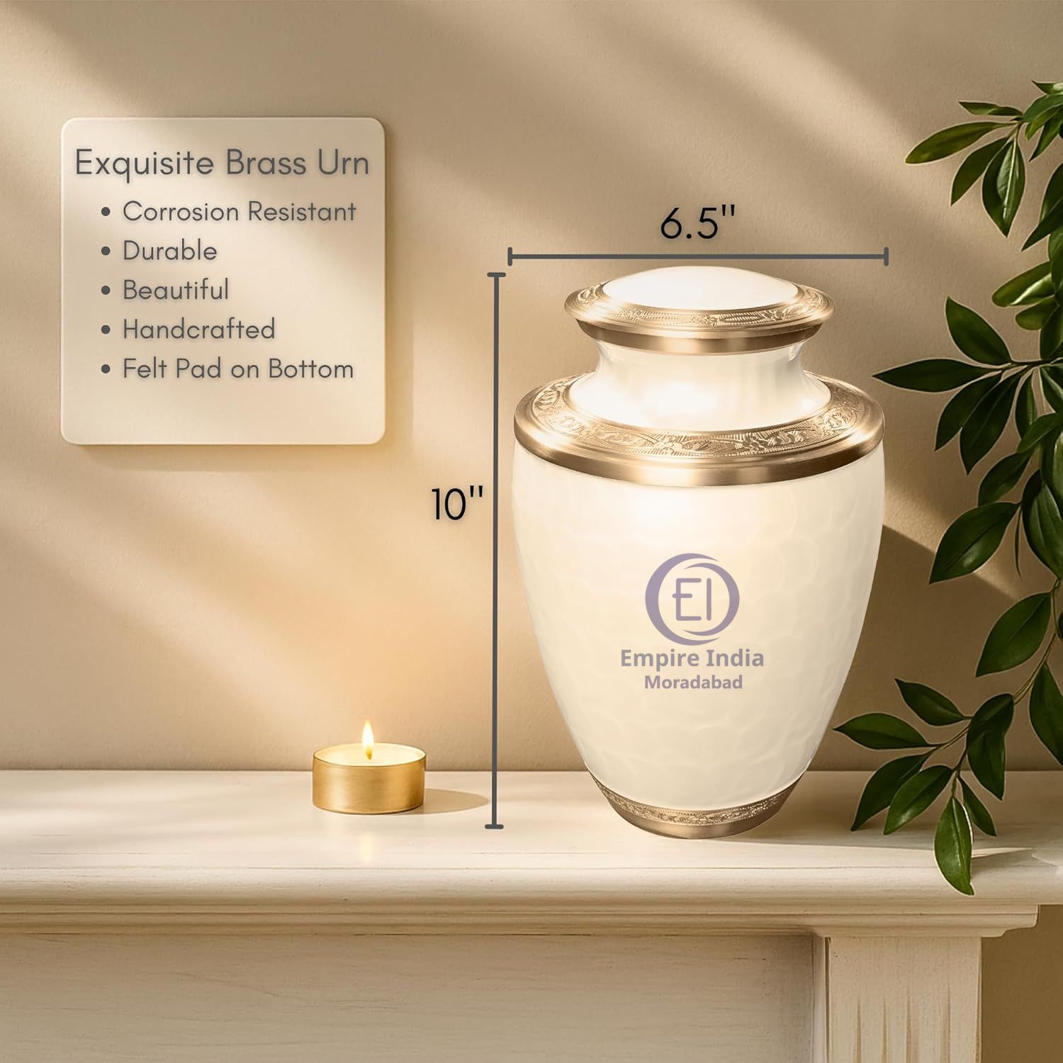 White & Brass Engraved Adult Cremation Urn, Elegant Funeral Memorial Exporter Empire India Moradabad image