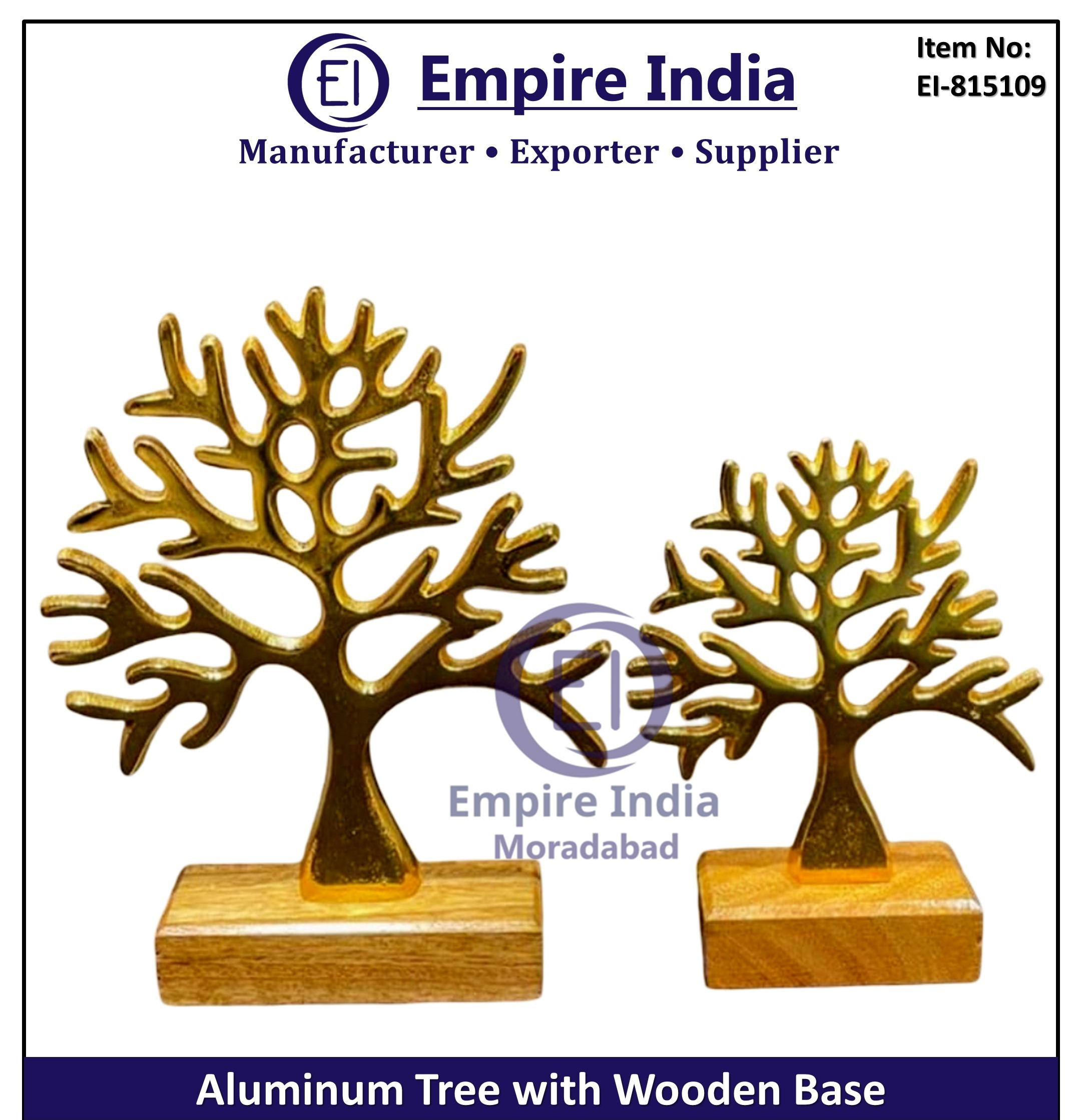 Aluminum Tree Table Decor with Wooden Base, Modern Metal Art Sculpture Set, Empire India Moradabad image