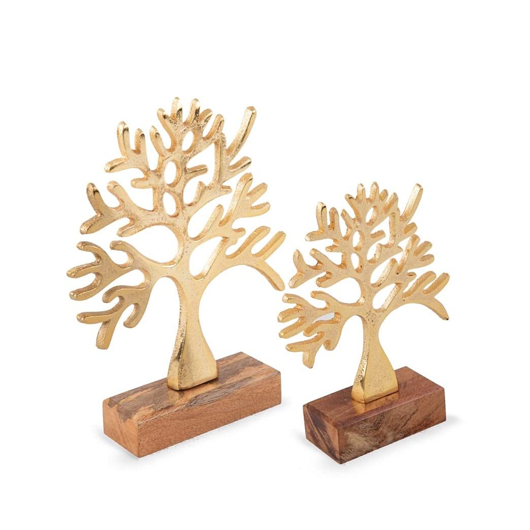 Aluminum Tree Table Decor with Wooden Base, Modern Metal Art Sculpture Set, Empire India Moradabad image