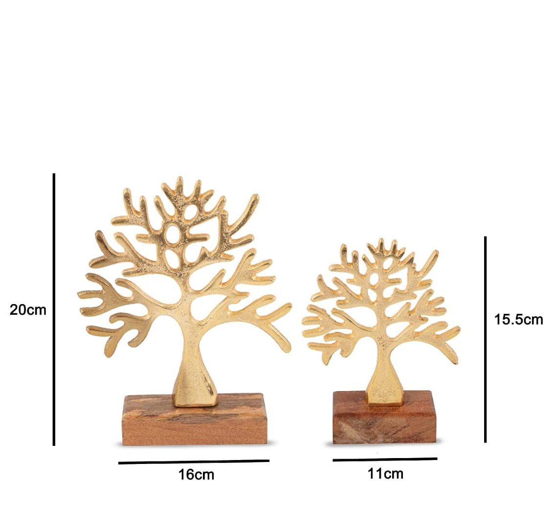 Aluminum Tree Table Decor with Wooden Base, Modern Metal Art Sculpture Set, Empire India Moradabad image