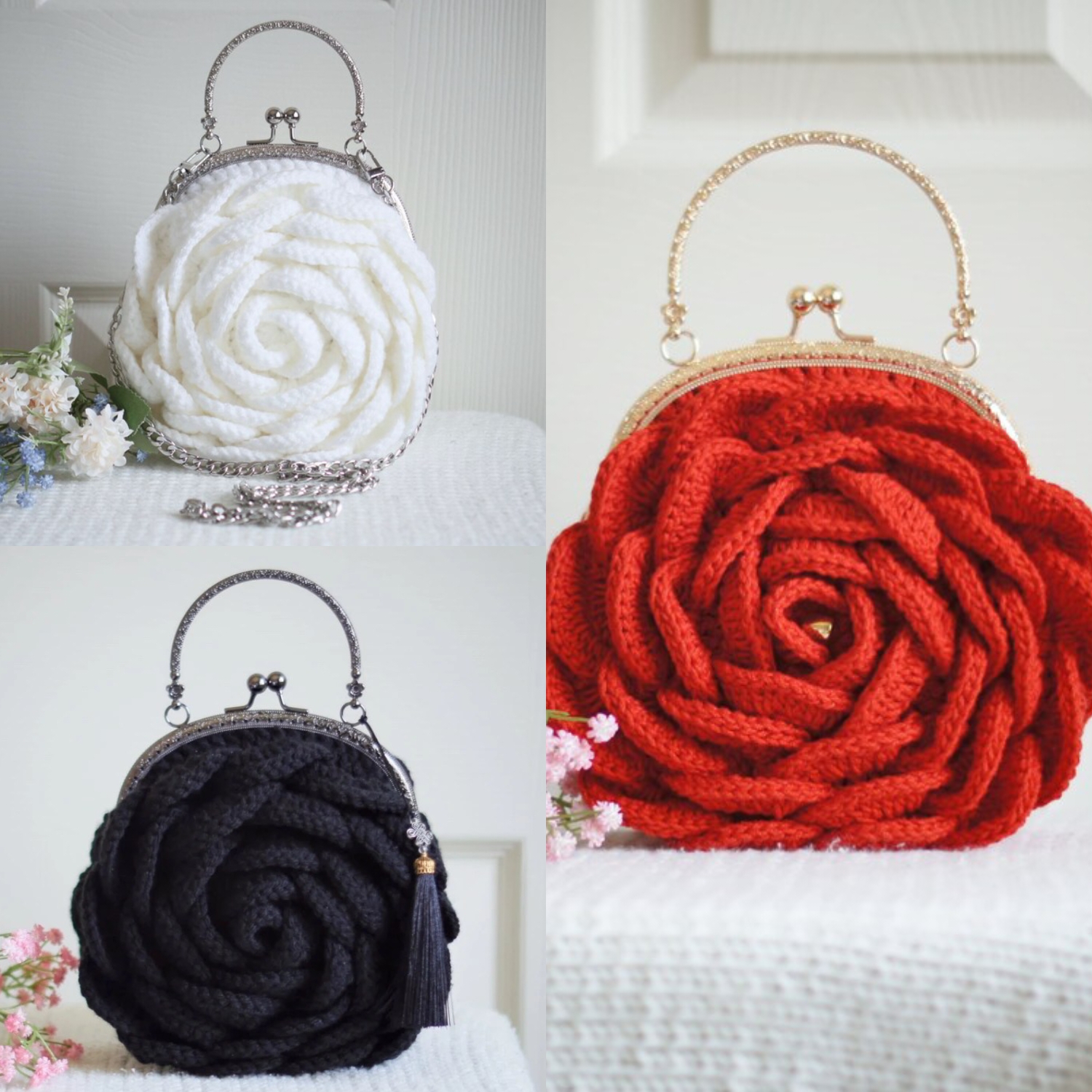 Crochet Woollen 3D Rose Clutch Bag image