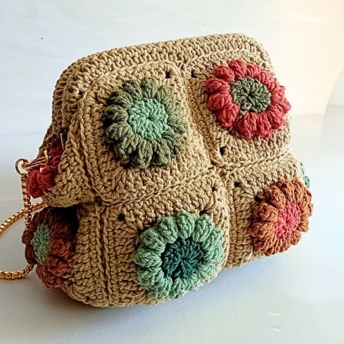 Crochet Woollen Flower Granny Square Dumpling Clutch Bag  image