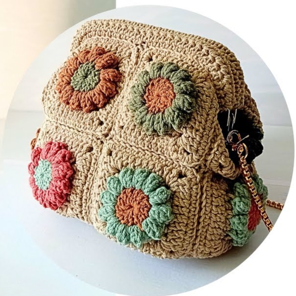 Crochet Woollen Flower Granny Square Dumpling Clutch Bag  image