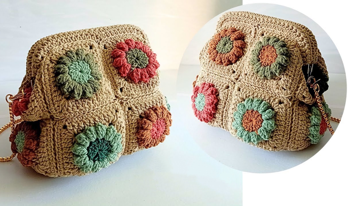 Crochet Woollen Flower Granny Square Dumpling Clutch Bag  image