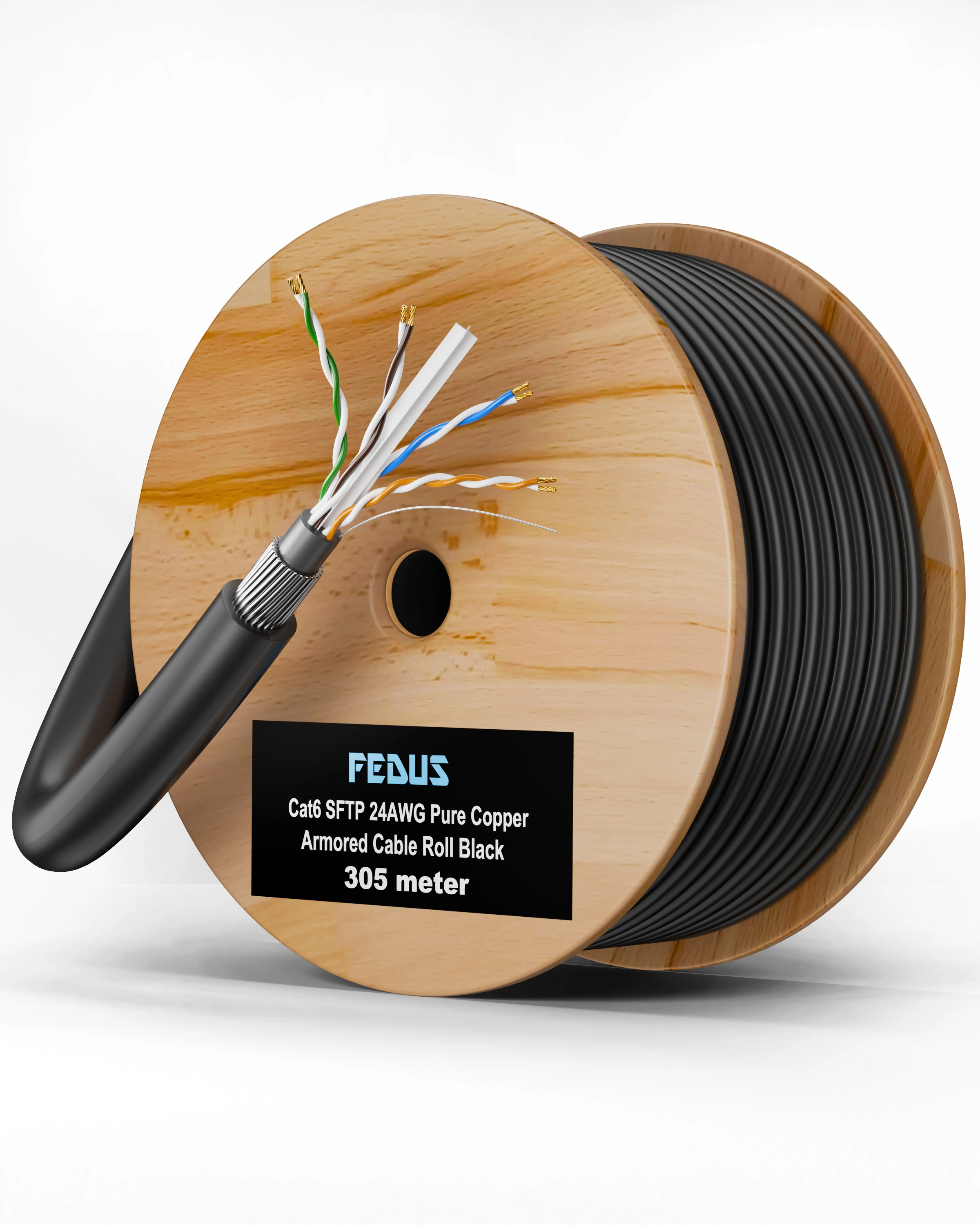 FEDUS Cat6 SFTP 24AWG Pure Copper Twisted Pair Armored Cable Roll Black image