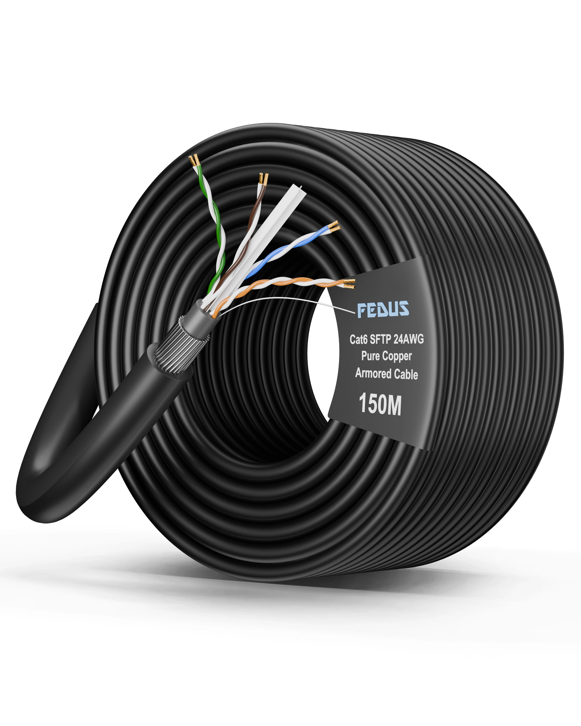 FEDUS Cat6 SFTP 24AWG Pure Copper Twisted Pair Armored Cable Roll Black image