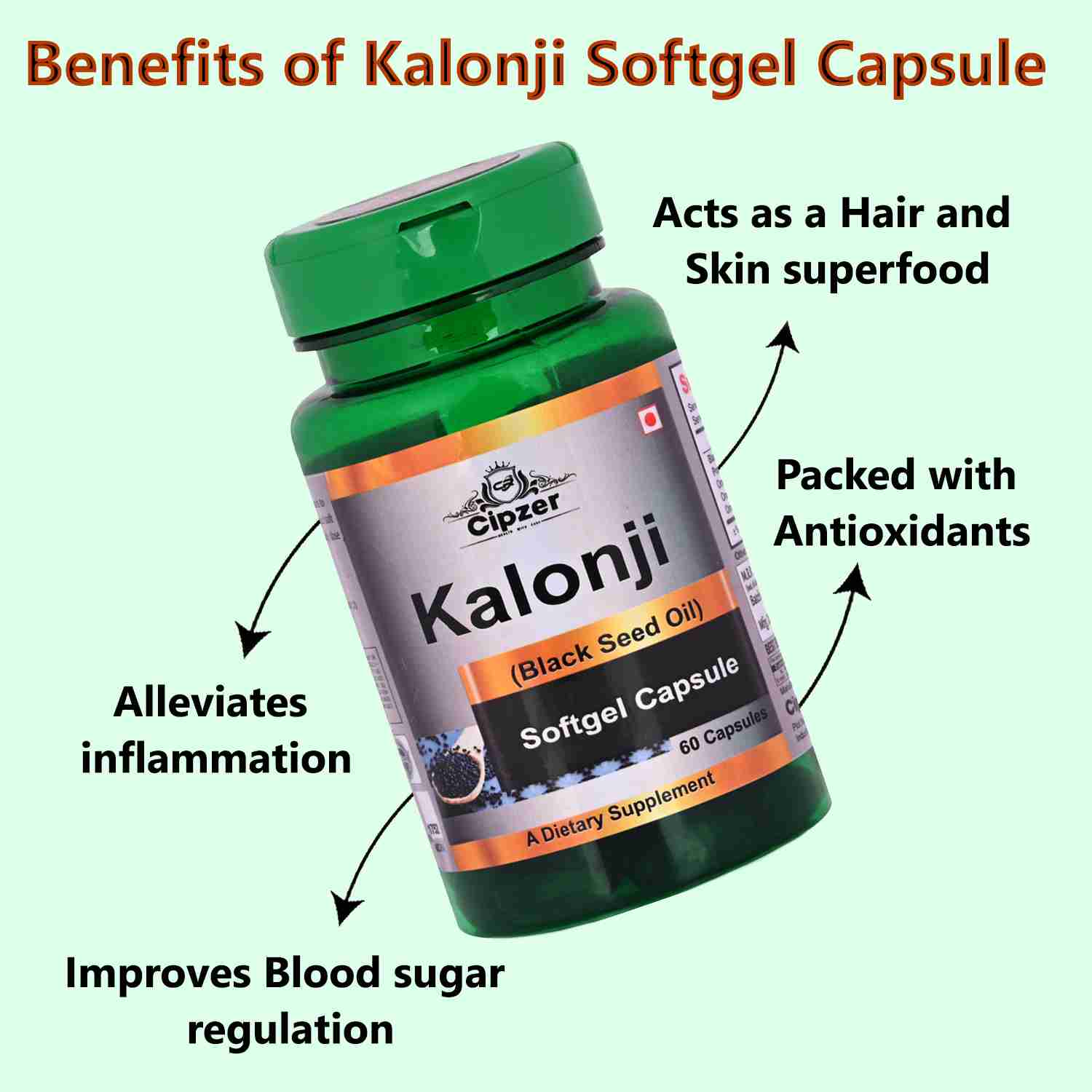 Cipzer Kalonji Softgel Capsule|Improves Blood sugar regulation|Lowers cholesterol-(Pack of 1 )60 Capsules