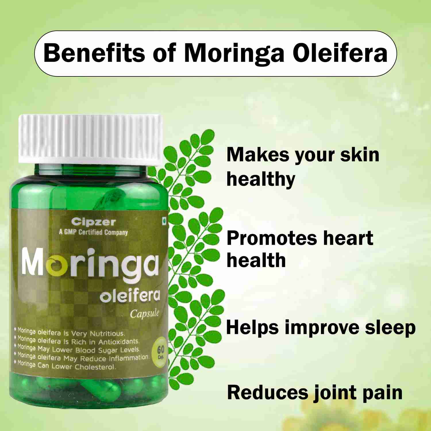 Cipzer Moringa Oleifera Capsule|Helps improve sleep|Promotes heart health(Pack of 1)-60 Capsules