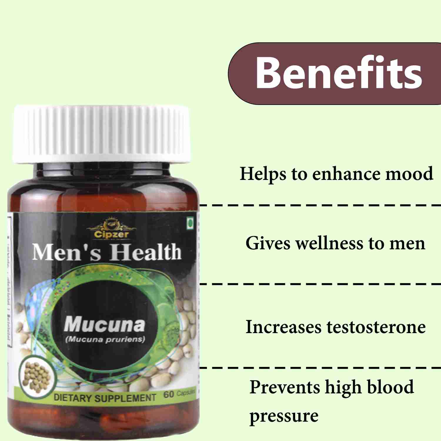 Cipzer Mucuna Capsule|Helps to enhance mood |Gives wellness to men-(Pack of 1)60 capsules