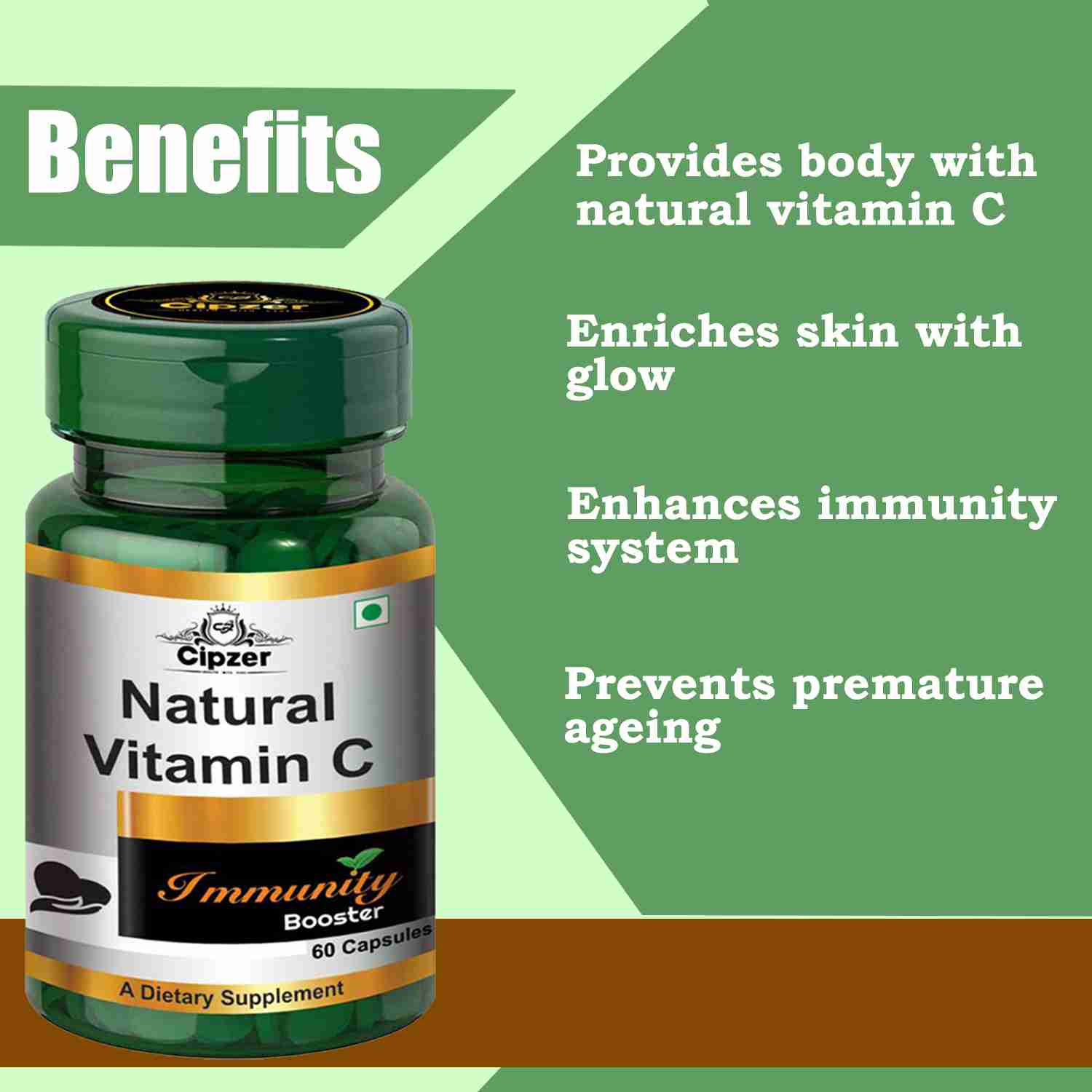 Cipzer Natural Vitamin C Capsule|Provides body with natural vitamin C|Enhances immunity system(Pack of 1)-60 Capsules