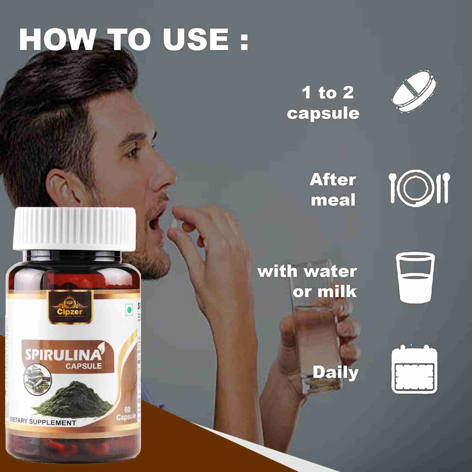 Cipzer Spirulina Capsule |  Improve muscle strength and endurance and helps in reducing blood pressure(Pack of 1)-30 Capsules image