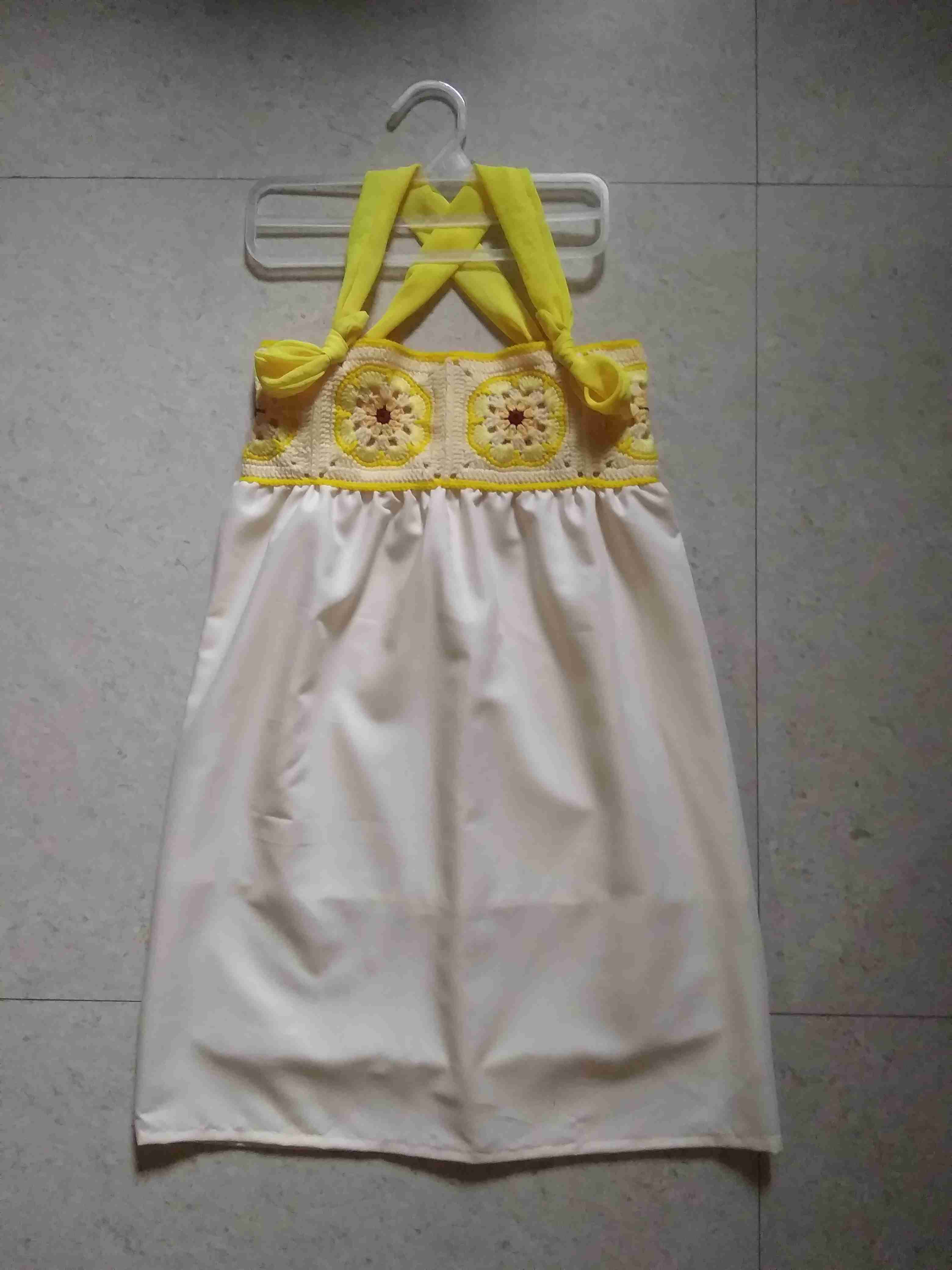 Yellow/Beige Fabric and Crochet Shoulder Strap Dress