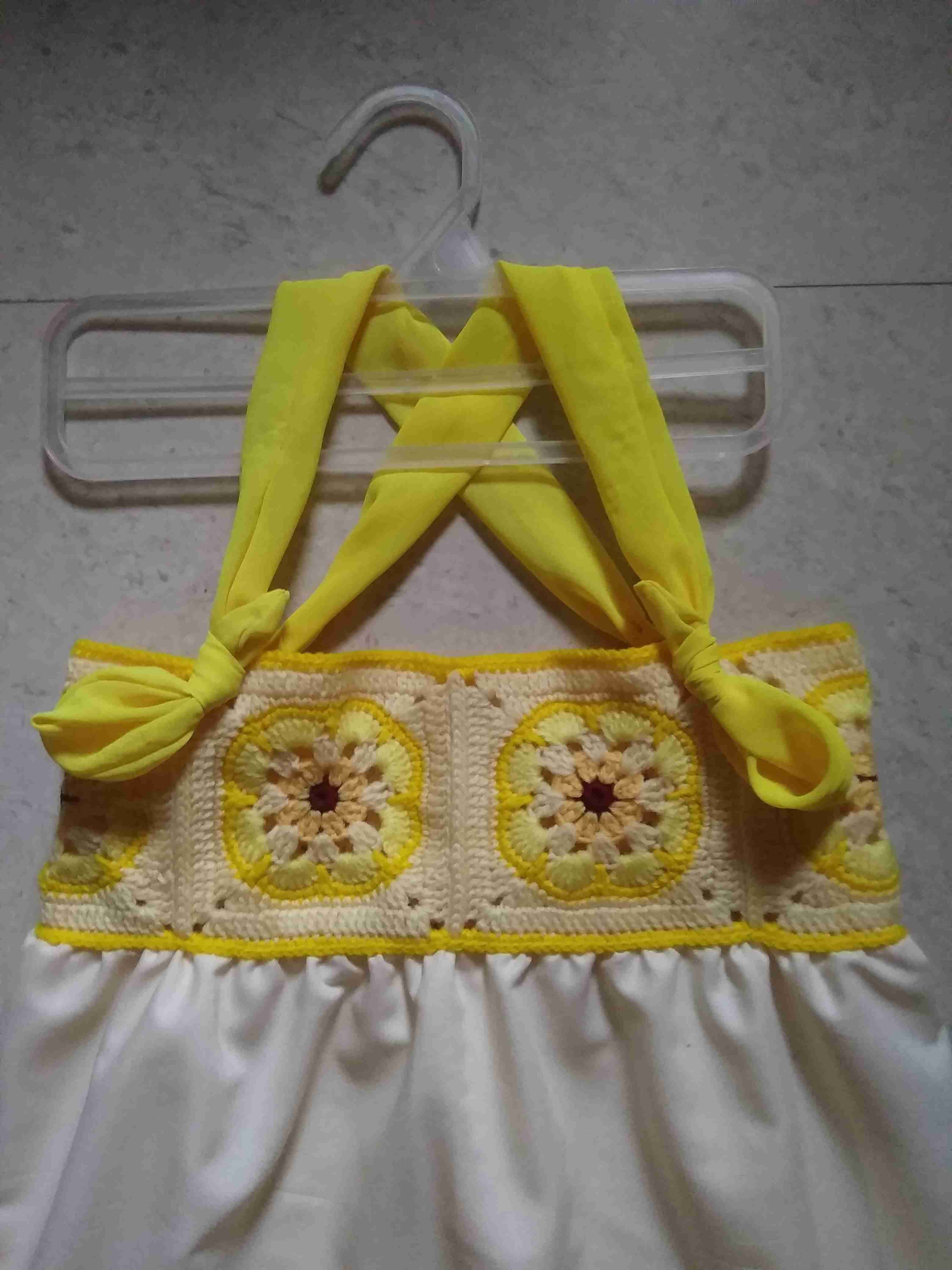 Yellow/Beige Fabric and Crochet Shoulder Strap Dress image