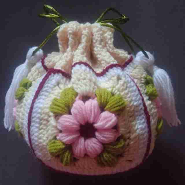 Crochet Woollen Potli Bag (White Tassel)