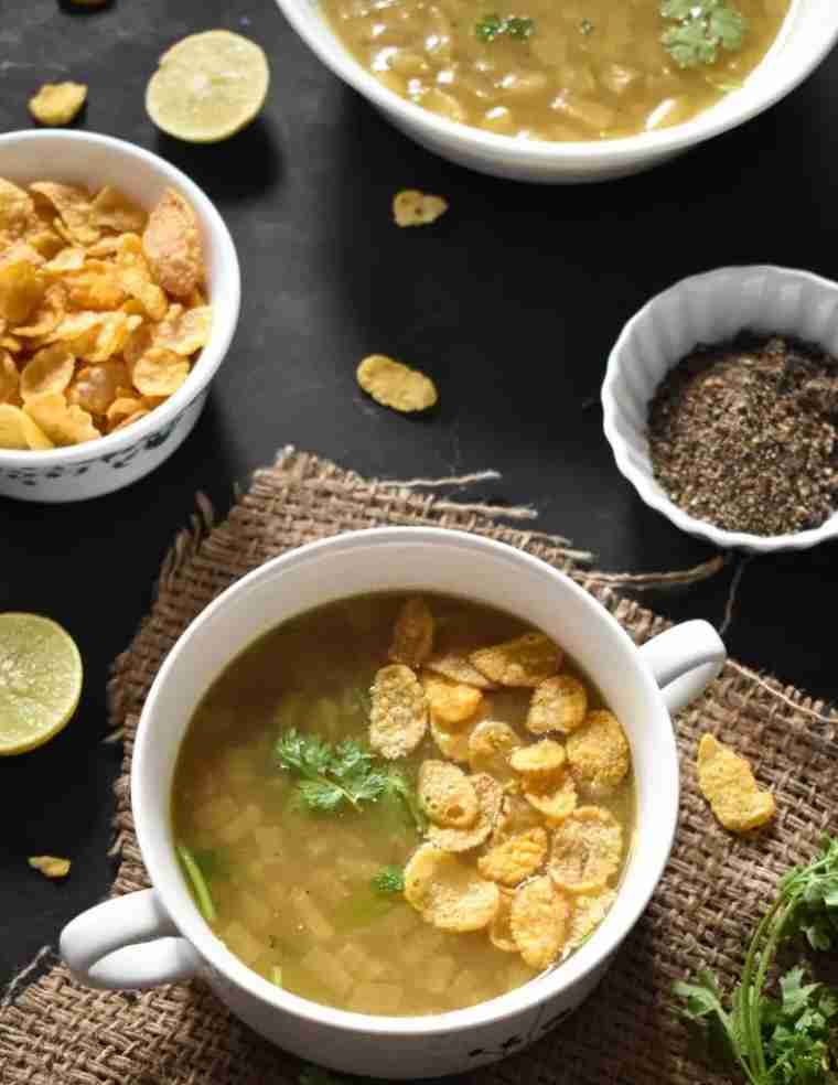Hot and Sour Sweet Corn Mixed Vegetable Soup with Corn Flakes