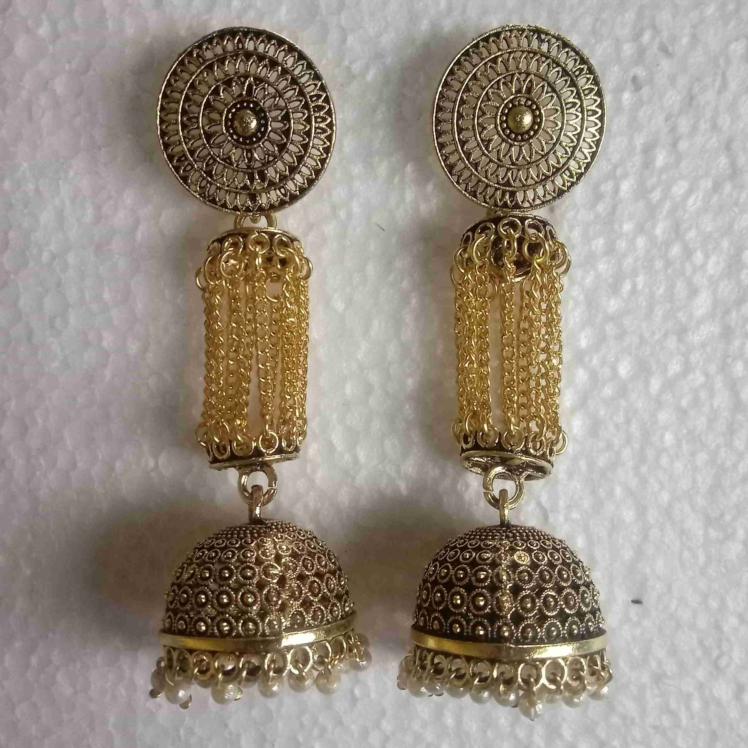 Oxidised Gold Plated Chained Jhumka Earring