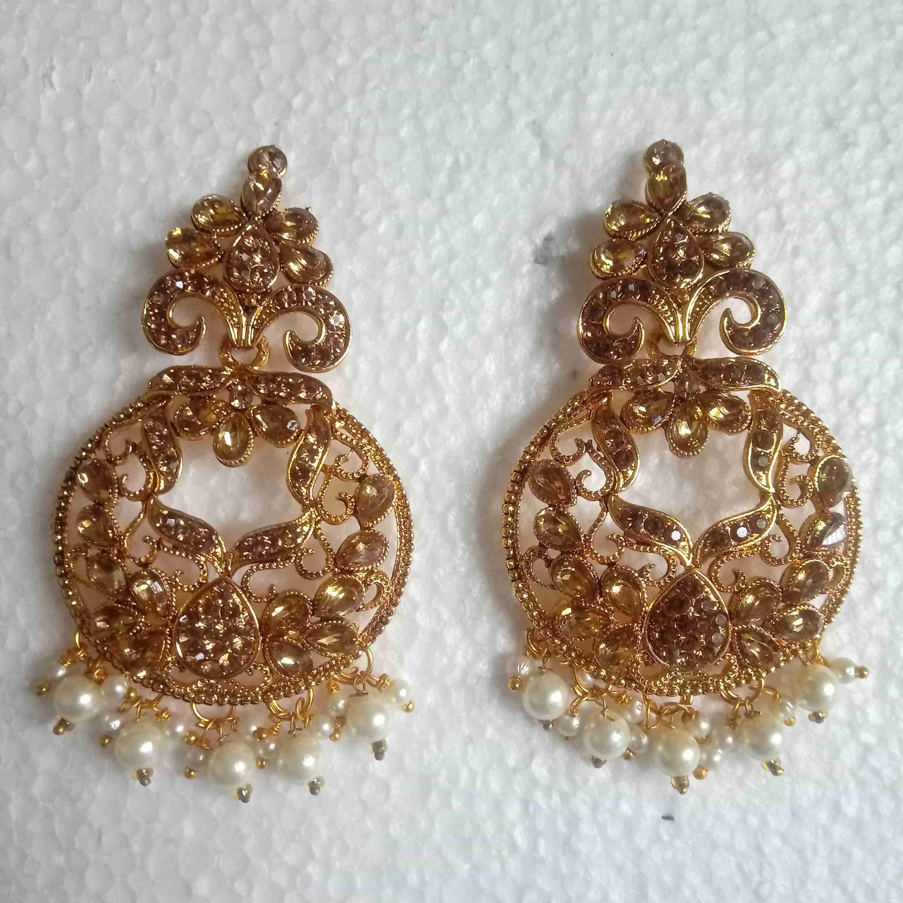 Stone Studded With White Pearl Beads Circular Golden Earring