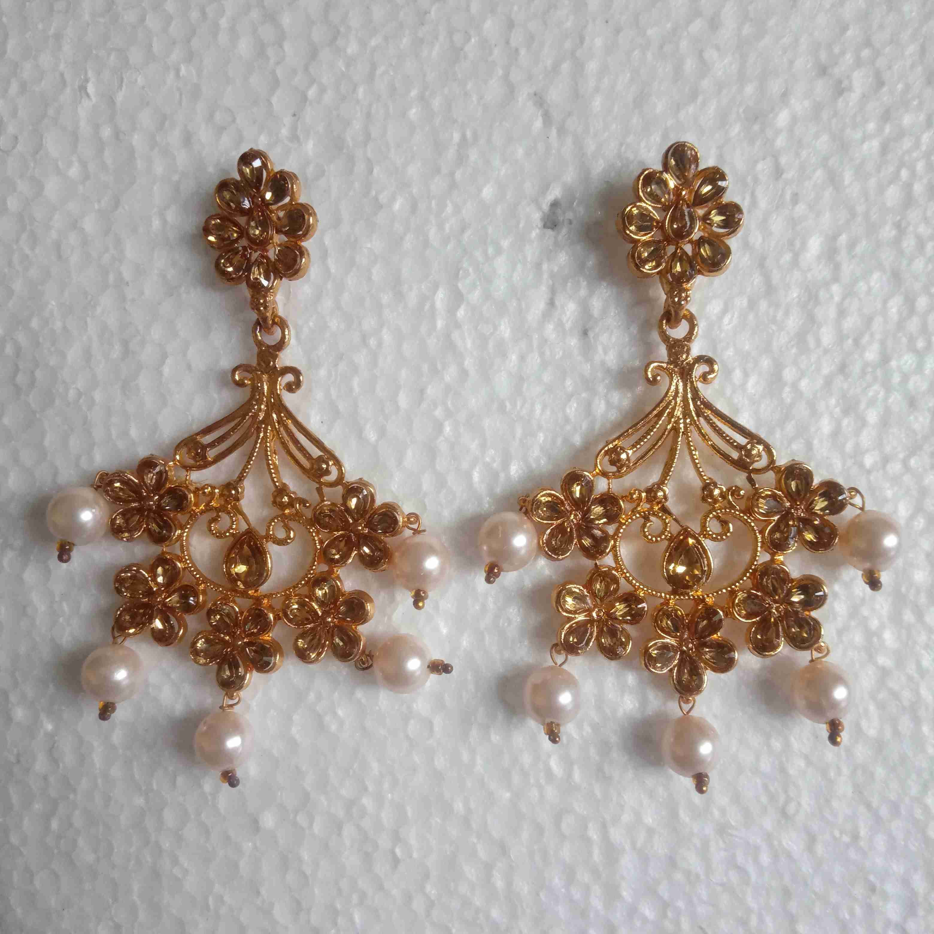 Stone Studded With White Pearl Beads Golden Earring